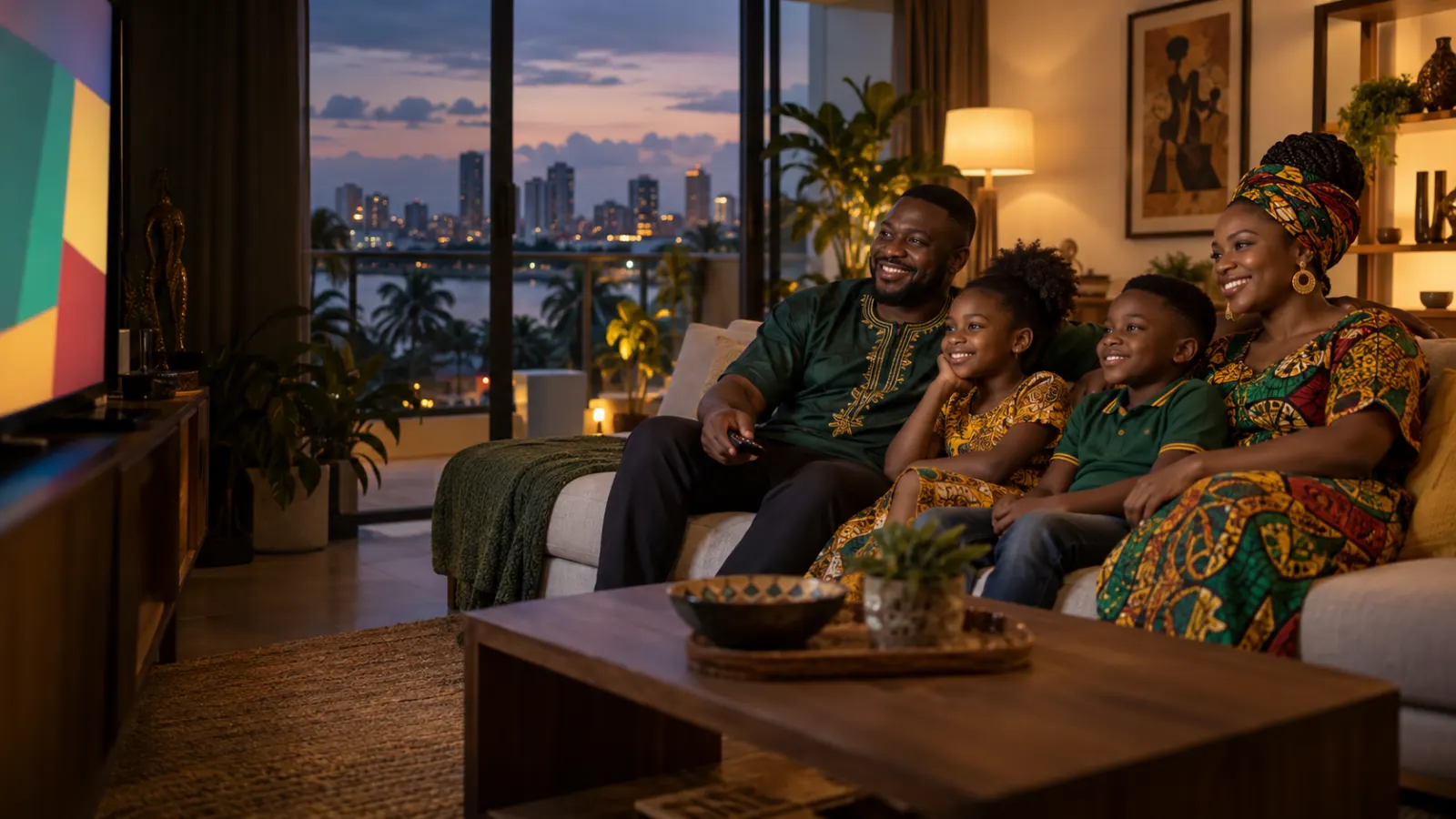 Famille camerounaise regardant la télévision dans un salon à Douala