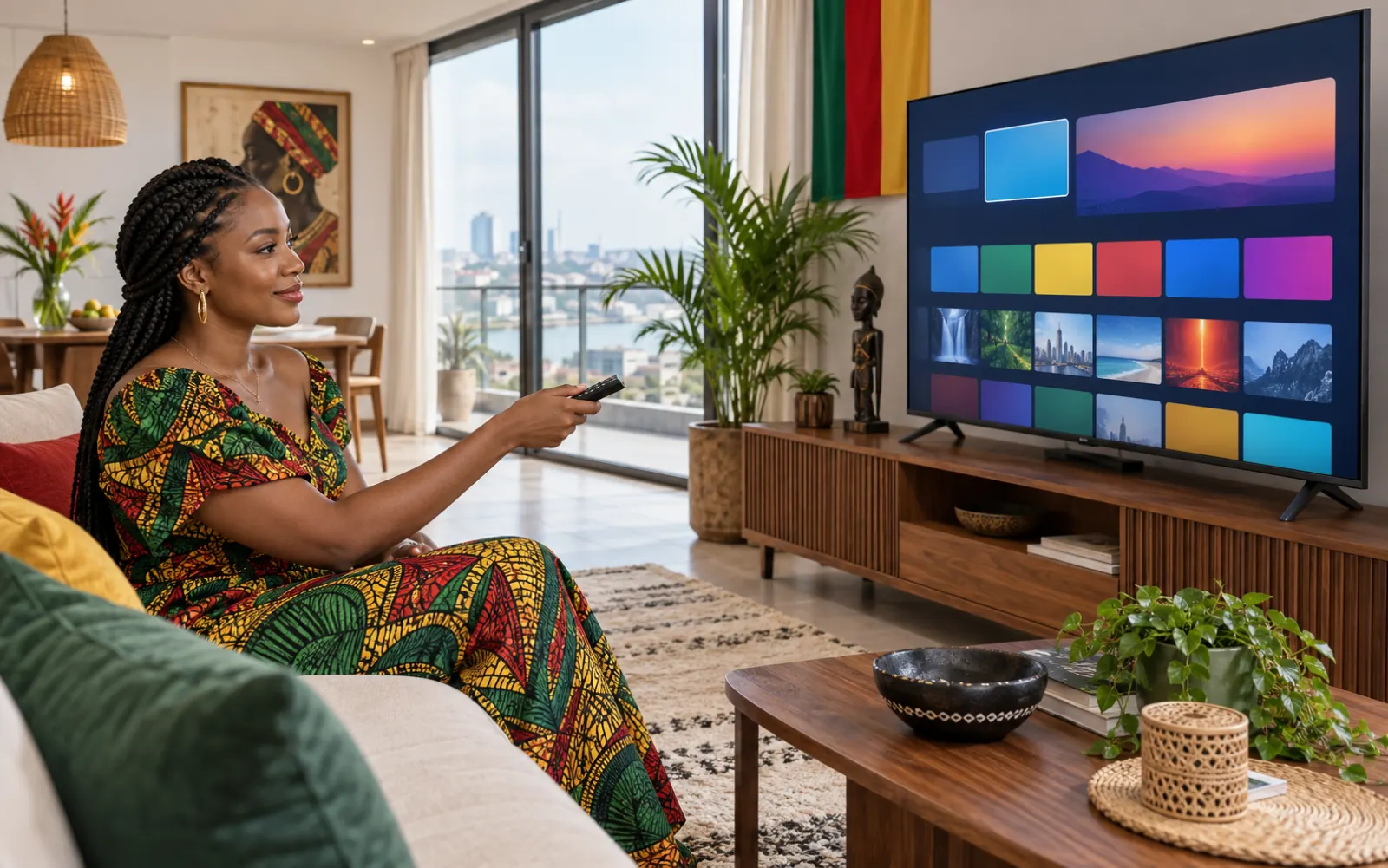 Une Camerounaise configure une application sur une Smart TV dans son salon à Douala